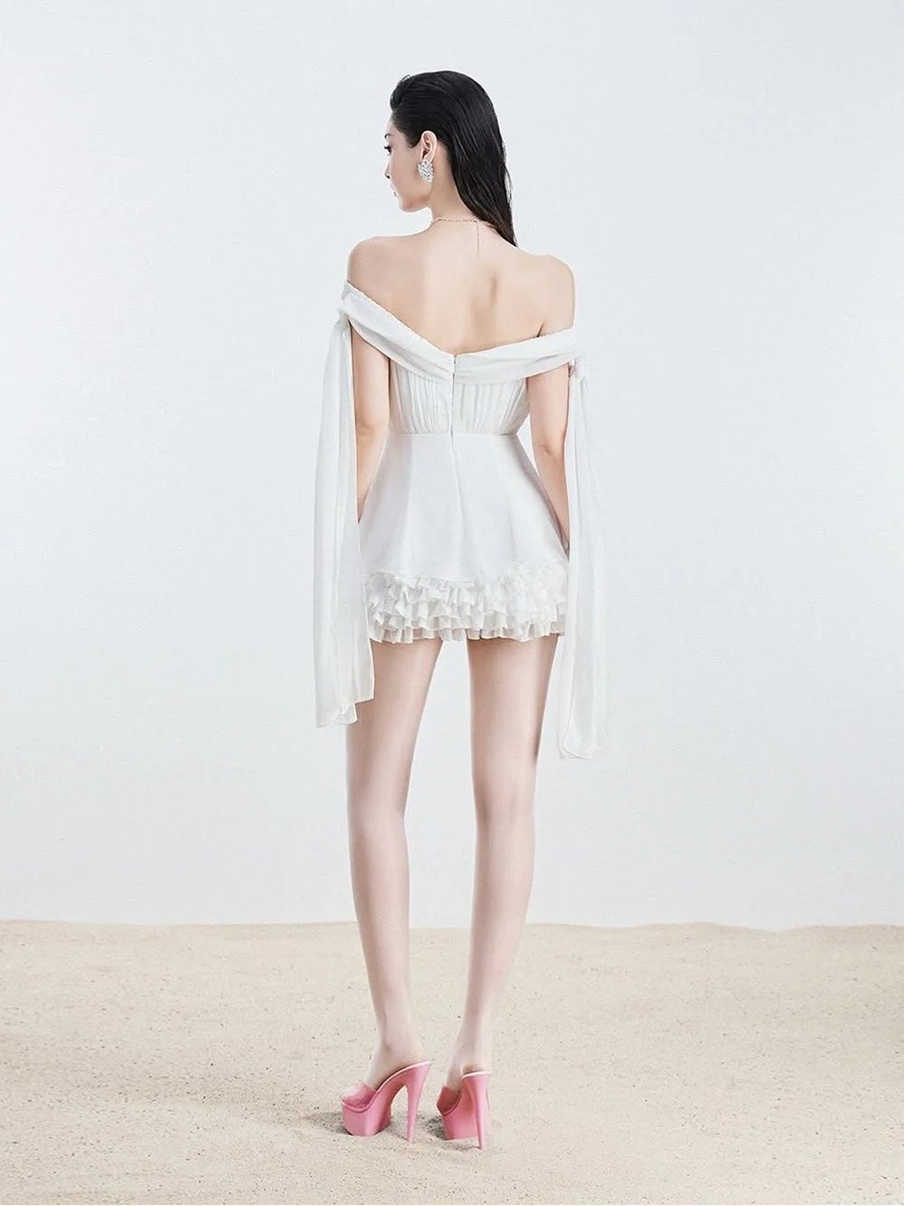 Off-Shoulder White Ruffle Mini Dress - Picture 2 of 6
